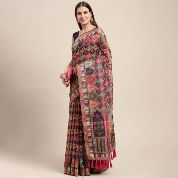 https://www.zestystyles.in/products/peach-coloured-multicoloured-kalamkari-sequinned-linen-blend-block-print-saree